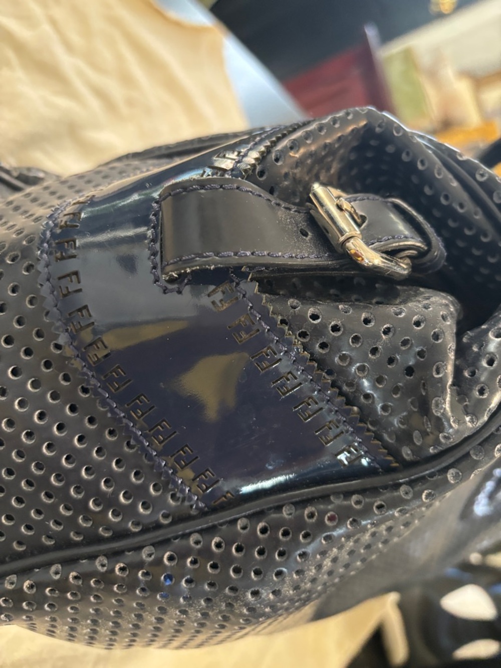 Fendi navy blue Perforated Leather Shoulder Bag with Logo Detail - Picture 7 of 8